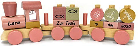 Personalisierte Holz-Eisenbahn mit Namen – Lokomotive mit Steckformen in Rosa – Geschenk zur Taufe für Mädchen & Jungen – Schriftfarbe Schwarz