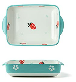 Juego de 2 fuentes de cerámica for hornear rectangulares de 8,7 pulgadas for lasaña, aptas for horno.(Blue Strawberry)