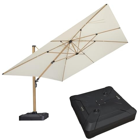 PURPLE LEAF Parasol Déporté Carré de Luxe 3,65 x 3,65 m avec Pied, Parasol De Jardin Extérieur avec Aluminium Imitation Bois, Rotation à 360°, Protection UPF 50+, Pour jardin, Terrasses, Crème