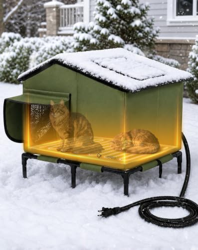 PETEMPO Heated Cat House Outdoor, Waterproof Insulated Winter Cat Shelter with Heating Pad (35-45°C), Elevated Base, Escape Door & Roof Window, for Multiple Cats, M (50x40x52 cm)