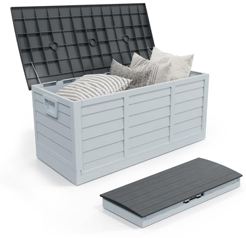 Outvita Foldable 75 Gallon Outdoor Storage Box, Plastic Storage Containers with Lid, Patio Deck Box Furniture for Garden, Pool, Balcony, Yard (Gray Body-Black Lid)