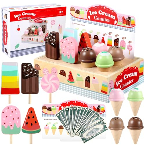 GAGAKU Juego de helado de madera de 26 piezas para niños a partir de 3 años, con dinero de juego y menú, juguete educativo Montessori para habilidades motoras finas, regalo para niños y niñas