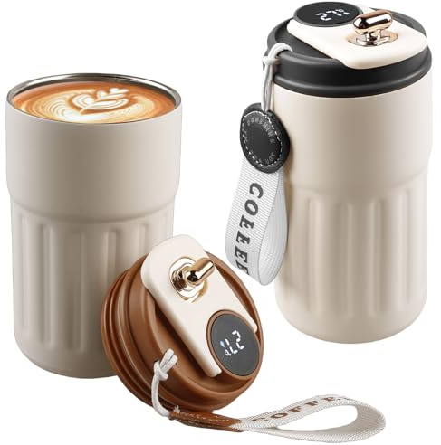 Behogan Tasse à café en acier inoxydable 316 Affichage de la température : 2 pièces 450 ml Ensemble de tasses isothermes avec couvercle, Tasse à café de voyage isolée sous vide pour les déplacements