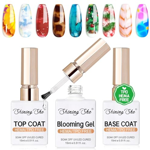 Shining She Blooming Gel nagellack & Base Coat Top Coat Gel UV, HEMA-Free TPE nagellack set blötläggning UV/LED, blommande nagelpolish för nageldesign, marmor, blomtryck, 15 ml