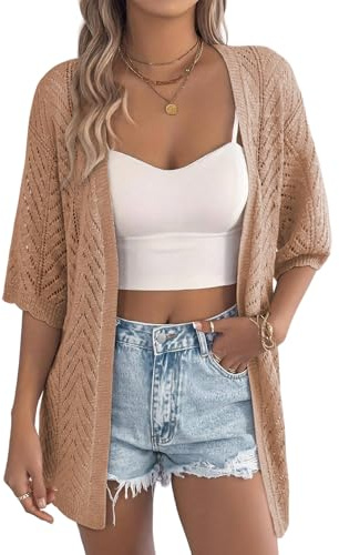 EVALESS Women's Short Sleeve Cardigan Sweaters Crochet Tops, Beige, X-Large | Lightweight Cardigans for Women, Hollow Out Open Front Kimonos, Summer Fall Vacation Travel Boho Outfits