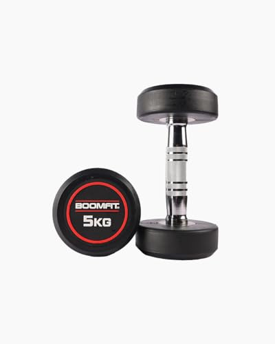 BOOMFIT Mancuernas 5 kg redondas (par) | Goma antigolpes silenciosa | Mango cromado moleteado | Fuerza y tonificación en gimnasio o en casa | Para hombres y mujeres | Pesas y mancuernas home gym