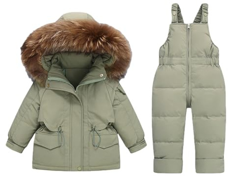 2-delad snödräkt, barn vinter pufferjacka och haklapp snöbyxor ultralätta skidoveraller med huva dunkappa och haklapp byxor outfit set, gRÖN, 80