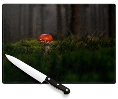 Planche à Découper en Verre Trempé - Foret Champignon Rouge Amanite Tue Mouche dans la Mousse - Protection Plan de Travail et Dessous de Plat Résistant Chaleur 2 Tailles Imprimé en France