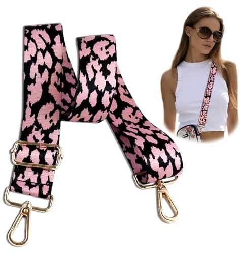 FOSDICK Väskrem leopardmönster, väskrem justerbar 76–158 cm, bred väskrem, axelrem för väskor, väskremmar för byte med karbinhake, i rosa svart