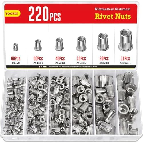 YOOPIN 220PCS Flat Head Rivnut Kit, M3-M10, Stainless Steel | Silver threaded rivet nuts. For metal sheets, electrical appliances and industrial products