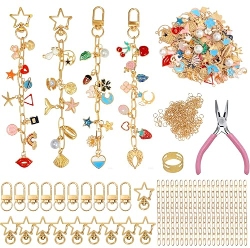 PNANLYA 366 Stück DIY Schlüsselanhänger Selber Machen, Metall Charms Anhänger Set, Schlüsselringen Basteln Verlängerungsketten Schlüsselanhänger Clips und Zange, Keychain Diy für Taschenanhänger,Gold