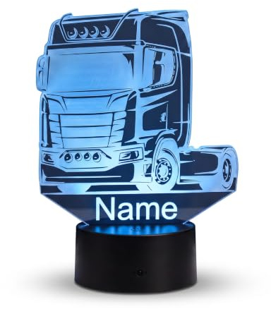 Optechvisual Personalisierte LKW LED Lampe – Nachtlicht dimmbar mit Name | Geschenk für LKW-Fahrer, dimmbar, Fernbedienung, 16 Farben, Acrylglas Made in Germany