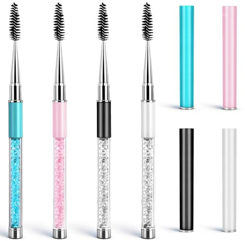 Yuomeaz 4Pcs Eyelash Spoolie, Reusable Eyelash Brush Spoolies with Lid | Portable Diamond Eyelash Spoolie, Spoolies Mascara Wands with Cap for Women, Travel, Eyebrow, Lash Extension