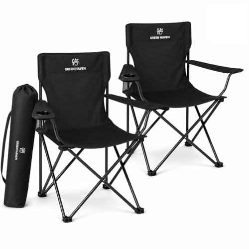 Green Haven Folding Camping Chair with Cup Holder & Carry Bag – Lightweight Portable Outdoor Chair, Heavy Duty Steel Frame, Padded Headrest, Wide Seat for Camping, Festival, Garden, Fishing (Black)