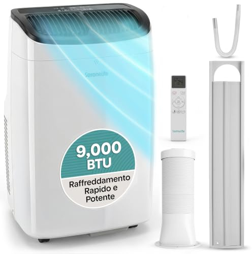 SereneLife Aire Acondicionado Portatil 9000 BTU, Climatizador 3 en 1 con Frio, Ventilador y Deshumidificador, Kit de Ventana Incluido, para Hogar y Oficina