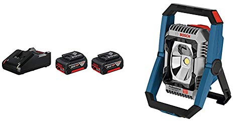 Bosch Professional 18V System Akku Starterset (2x4.0Ah Akku + Ladegerät GAL 18V-40, im Karton) & 18V System Akku LED-Baustellenlampe GLI 18V-2200 C (max. Helligkeit 2.200 Lumen, Connect Ready)