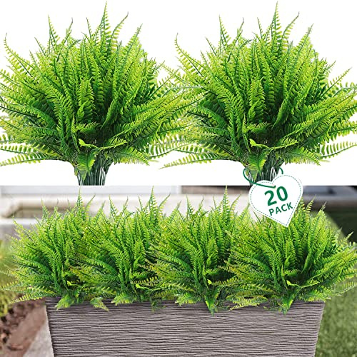 AUMVEYI 20 Pcs Artificial Boston Fern Plants Bushes Outdoors Fake Flowers Bulk Greenery UV Resistant Faux Plastic Ferns Large Bundle for Outside Window Box Planter Front Porch Patio Arrangement Décor
