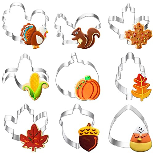 Flyftrey 9 stycken höstkakskärare set, rostfritt stål kakformar för barn Thanksgiving, lönnlöv pumpa ekorre majs kalkon pinjefrön fondant kakform