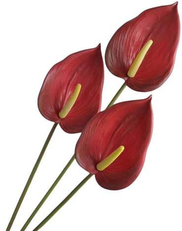 Lot de 3 fleurs de lys artificielles en anthurium pour décoration d'intérieur, table à manger, centre de table, bal de fin d'année, décoration de fête (rouge)