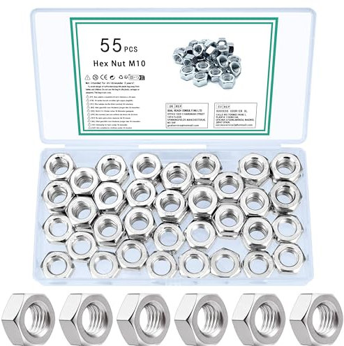 TOOINKCV 55 Pièces M10 Ecrou Hexagonal, Écrous de Blocage, Écrous en Acier au Carbone, Assortiment Ecrou Autobloquants pour Boulons et Vis, Métriques Écrous Hexagonaux