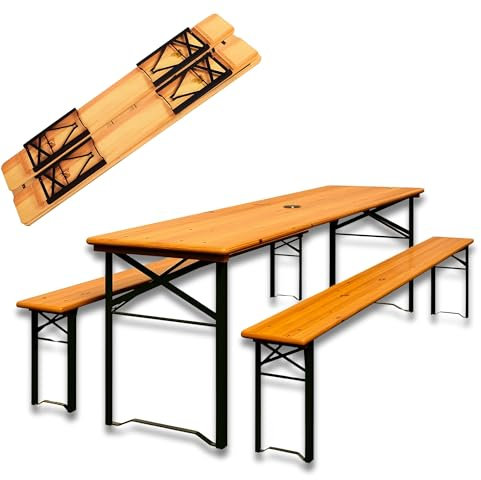 DIVID Bierzeltgarnitur 3-teilges Set|Tisch + 2 Bänke|Für drinnen und draußen|klappbar mit Tragegriffe|HxBxT: 170x46x75cm|Gartentisch (DIV-203/ Holz)