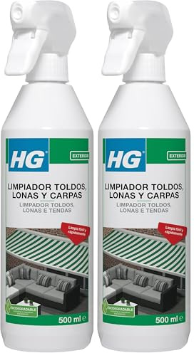 HG Limpiador para Toldos, Lonas y Carpas, Fácil y Rápido, Elimina Manchas de Tejidos de Exteriores como Tiendas de Campaña, Spray Quitamanchas - 500 ml (Paquete de 2)