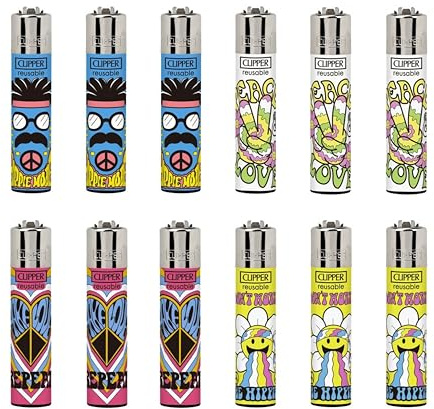 Clipper Pack 12 Mecheros Reutilizables Coleccion Original BE Hippie Recargable, Piedra de Encendido Sustituible, 4 Dibujos Diferentes (X)
