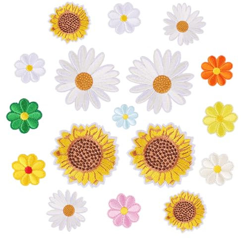GEEHUA 17 Stück Sonnenblumen Aufnäher zum Aufbügeln, Gänseblümchen Aufnäher, Applikationen Patches Kleidungsreparatur Stickereien für Jeans, Taschen, Jacken, Hüte, DIY Bastelarbeiten