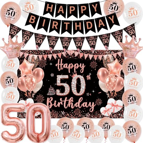 Deko 50 Geburtstag Frau Roségold Schwarz - Happy Birthday Banners Girlande Wimpel, Große Happy 50. Birthday Banner (100 x 64cm) und XXL Zahlen Luftballon für Frauen 50 Jahre Geburtstagsdeko Party