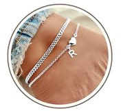 DORANA Anklets for Women Silver Waterproof Initial Anklets with Letter Heart Charm Women Adjustable Ankle Chains Foot Gift for Her Initial Foot Jewelry,R