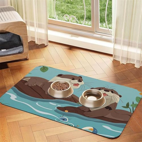 Otters Hundefuttermatten für Böden, 30,5 x 45,7 cm, rutschfeste, super saugfähige Haustierfuttermatte, Geschirrspüler-Hundematte für Futter und Wasser, niedlich, Gummi, schnell trocknend