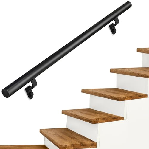 4ft Heavy Duty Aluminum Round Handrail kit with Die Cast Aluminum Brackets, Exterior Wall Mount Handrail– Load Capacity 500lbs (Textured Black, 4Ft)