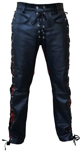 Men’s Real Cow Leather Front and Side Laced Trousers – Black & Red Motorcycle Pants – Durable and Stylish Fit (UK, Waist & Inseam, 34, 30, Black-RED)