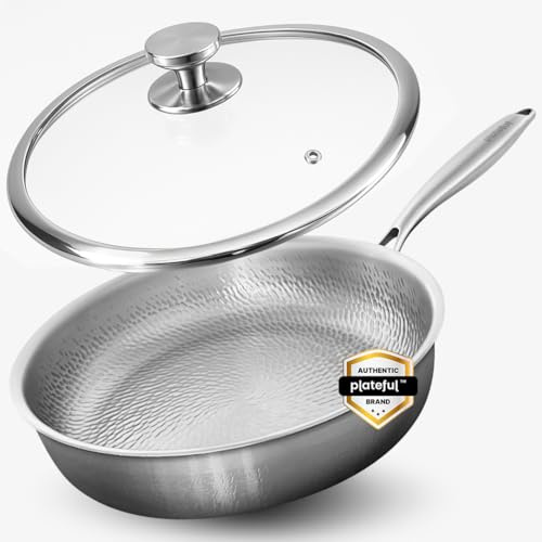 Plateful Titanium Pan For Cooking 12 - Pure, No Coating Non-Stick Titanium Cookware, Frying Pans, Hammered Pan, Safe For Oven, Induction & Cooktops Up To 750°F, Includes Lid