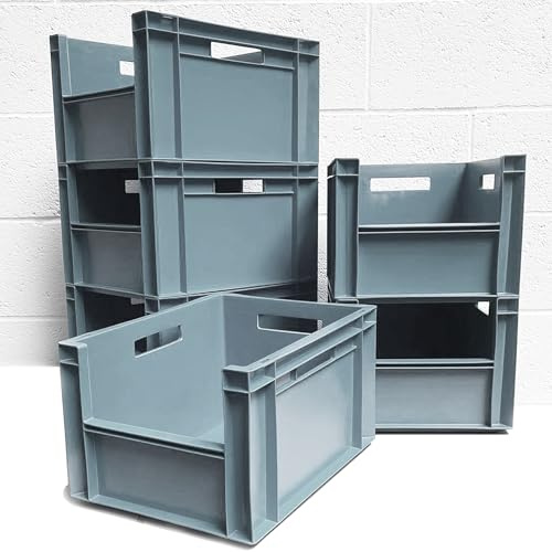 6x 20L Heavy Duty Plastic Storage Boxes – Open Front Industrial Euro Stacking Containers 400x300x230 (h) mm – Durable Stackable Crates for Tools, Garage, Warehouse, Home & Commercial Use (Grey)