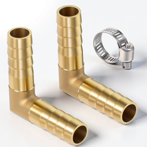 2Pcs Barbed Hose Fittings 3/8, 90 Degree Elbow Connector L Right Angle Brass Barb Elbow Connector Fitting with 5Pcs Hose Clamps Plastic 2 Way Equal Barbed Splicer for Fuel Air Water Oil Gas (22mm)