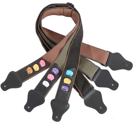 Healeved Tracolla Regolabile in Pelle PU per Chitarra e Basso Elettrico Acustico con Porta-Plettri Integrato e 3 Plettri Colorati Cinturino Leggero per Chitarristi in Piedi Colore Casuale