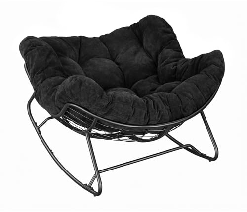 WOLTU Sedia a Dondolo a Forma di Uovo, Poltrona Relax con Gambe Curve, Struttura in Metallo e Cuscino in Ciniglia, Portata 150 kg, per Salotto e Balcone, Nero