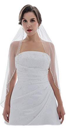 SAMKY Hochzeitsschleier, 1 Etage, Kristallperlen, Perlenrand, 1 Etage, Weiss/opulenter Garten, Fingertip Length 36