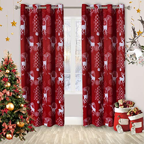 LORDTEX Deer & Snow Print Christmas Curtains for Living Room and Bedroom - Thermal Insulated Blackout Curtains, Noise Reducing Window Drapes, 52 x 84 Inches Long, Burgundy Red, 2 Curtain Panels
