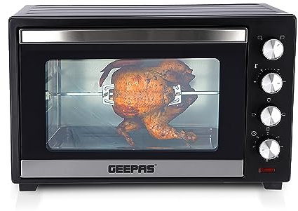GEEPAS 48L Mini Oven & Grill | Electric Oven with Rotisserie Baking Roasting Grilling | 2000W Temp Control 100–230°C Double Glass Door 60min Timer Auto Shut Off Bell | Compact for Dorm Caravan Kitchen