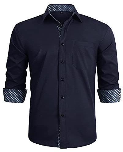 HISDERN Navy Blue Dress Shirt Men Classic Collar Shirt Casual Formal Button Down Regular Fit Shirts Long Sleeve Plaid