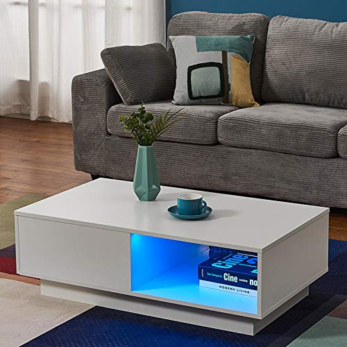 Panana LED Coffee Table with 1 Drawer And 1 Display Self, Rectangle Side End Table Sofa Tea Storage Table (White)