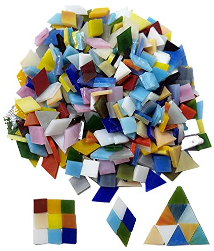Tesselles en Verre Colorées 3 Formes(380pcs/300g), Carreaux de Mosaique Carré, Triangulaire et Losange Morceaux de Verre de Mosaïque pour Loisirs Créatifs, Décoration