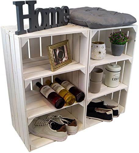 Kistenkolli Altes Land hohe Holzkiste Willi mit Zwei Zwischenbrettern 68x40x30cm HxBxT Schuhregal Bücherregal Nachttisch Weinregal (2er Set, Weiss)