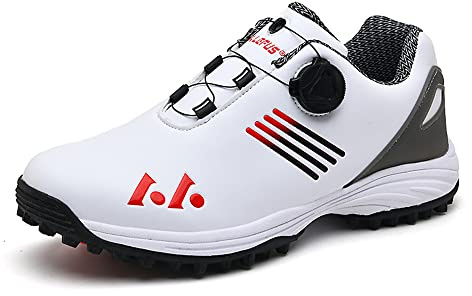Scarpe da Golf da Uomo in Pelle - Antiscivolo, Comfort Traspirante, Design Con Fibbia Girevole (Bianco Rosso, 41)