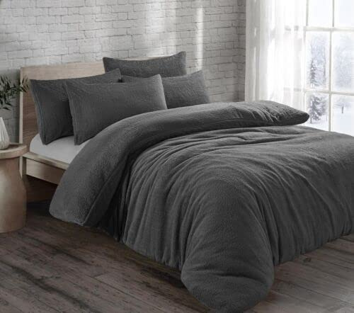 Laam linen Teddy Fleece Duvet Cover with Pillow Case Set Quilt Cover Warm Cozy Thermal Bedding Soft Teddy Bear Duvet (Charcoal, King)