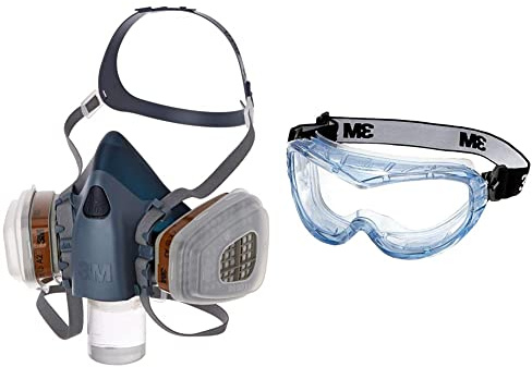 3M Gase-& Dämpfe-Maskenset mit 1 Stück 7503 Halbmaske (Größe L), 2 Stück 6055 A2 Gasfilter, 4 Stück 5935 P3R Partikelfilter, 2 Stück 501 Deckel, 7523L & Vollsichtschutzbrille Fahrenheit FheitAF