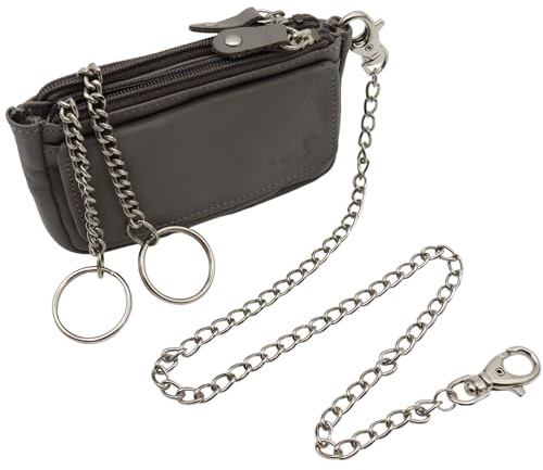 Safekeepers Safekeeper Schlüsseletui Leder Klein - Schlüsseltasche mit Reißverschluss Damen und Herren, Mini Schlüsselmäppchen für Autoschlüssel - Grau mit Kette