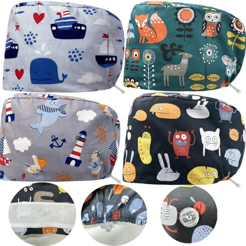 Spydge 4 stycken hårskydd med svettband bomull justerbart fylligt hårskydd skrubbning keps tryckt med knappar och elastisk för skönhetsarbetare kroppsvård behov, Multcolor, M